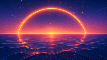 Digital sunset over ocean with glowing arc of light in dreamy futuristic sci fi background of stars and calm water