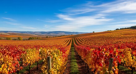 Vibrant Autumn Vineyard Landscape with Rolling Hills and Blue Sky