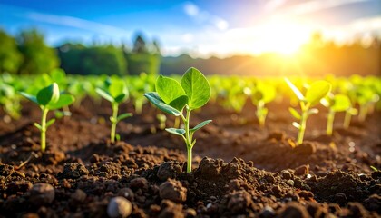 Young plants emerging from rich soil, bathed in sunlight