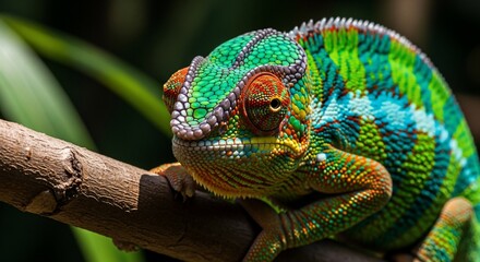 Obraz premium Vibrant Chameleon with Intricate Scales Perched on a Branch