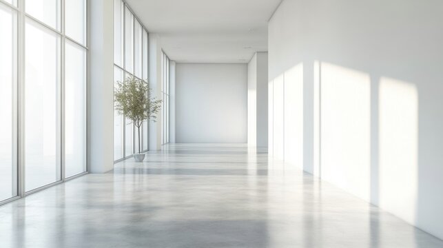 Modern Minimalist Office Corridor Design with Sunlight Streaming Through Large Windows and a Small Plant