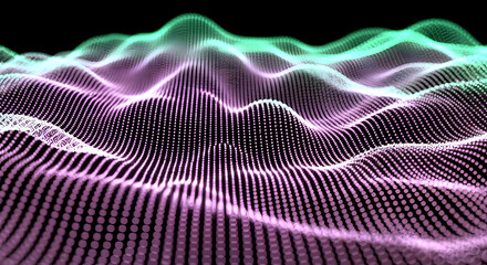 Abstract digital landscape of Gemini particles undulating in a random neon wave field.