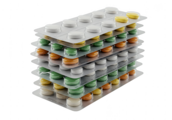 A tall stack of colorful blister packs containing various pills and capsules isolated on transparent background