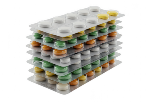 A tall stack of colorful blister packs containing various pills and capsules isolated on transparent background