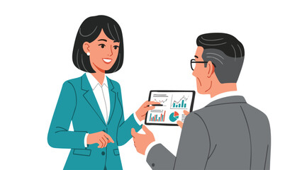 Fototapeta premium Business Professionals Discussing Financial Data on Tablet. featuring business, professionals, discussion and more, creating a perfect scene. This scene includes elements like meeting, tablet, data.