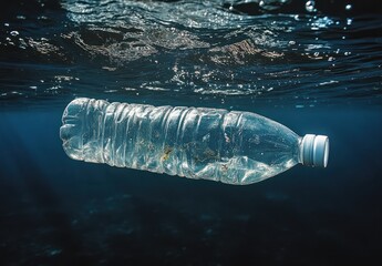 Floating Plastic Bottle Underwater Highlighting Pollution and Environmental Concerns in Aquatic Ecosystems