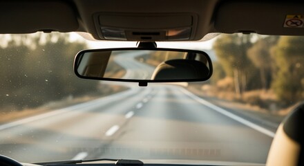 View through car windshield and rearview mirror of a winding road