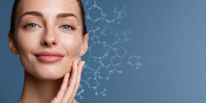 Woman touching her face with molecular graphics on a soft blue background, highlighting skincare benefits for healthy skin