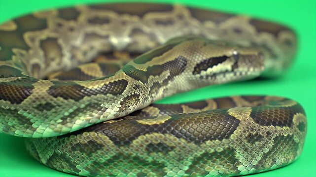 Realistic 3D Black Headed Python Aspidites Melanocephalus Isolated on Green Screen Perfect for Wildlife Documentaries or CGI Projects Featuring Brown and Black Scales