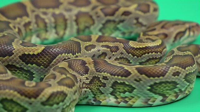 Realistic 3D Burmese Python Isolated on Green Screen Wildlife Animal Python Bivittatus Ular Sanca Burma Scales Pattern