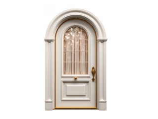 Ornate arched white door with golden accents isolated on a transparent background