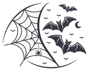 Vector Halloween background with bats, spider web, spider, and moon