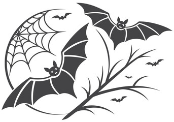 Vector Halloween background with bats, spider web, moon, and bare tree branches
