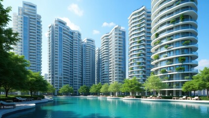 Naklejka premium Modern residential buildings with a serene lagoon.