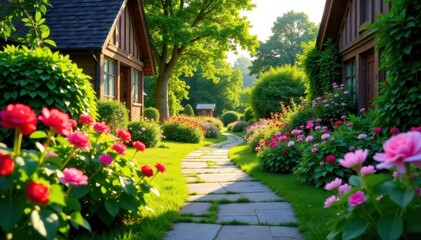 Stone pathway winds through blooming cottage garden, summer sunlight , garden, flower garden