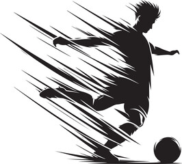  A dynamic silhouette depicts a soccer player energetically kicking a ball, emphasizing movement and action. The illustration utilizes bold lines to convey speed.eps