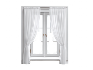 Ornate window with sheer white curtains isolated on a transparent background image