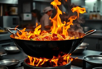 Chef flambés food in large wok, fiery flames, busy kitchen,  heat,   asian
