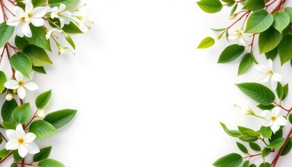 Delicate white floral frame with lush green leaves on pure white background,  design,  botanical