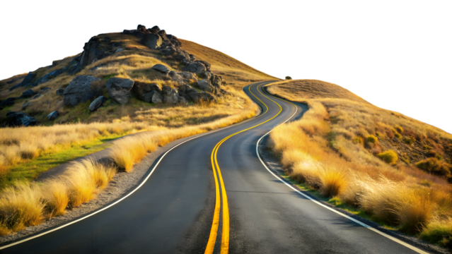 Winding Road Through Golden Hills on Transparent Background