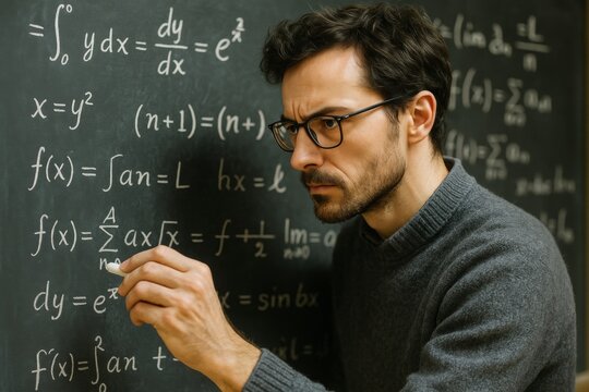 Focused man writing complex mathematical equations on chalkboard in classroom setting, showing deep analytical state of mind and concentration. Ai generative