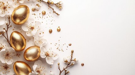 Elegant Golden Eggs Surrounded by Delicate Cherry Blossom Flowers on Soft White Background for Spring Celebrations and Easter Events