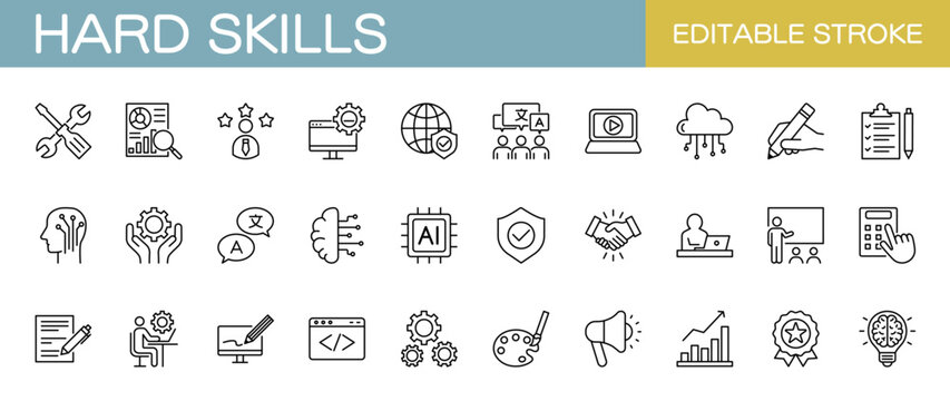 Hard skills line icon set &ndash; Includes business, technology, computing, programming and career. Editable stroke. 
Vector illustration.