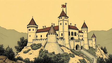 A vintage style illustration showing feudal castle