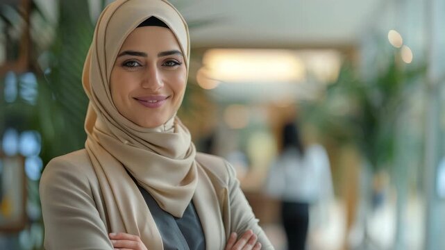 Confident Woman in Beige Hijab and Suit in Modern Office