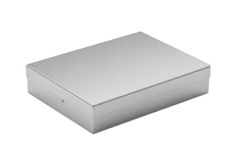 A simple rectangular silver metal box with a hinged lid isolated on transparent background