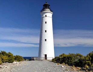 Tall white lighthouse on a sunny day