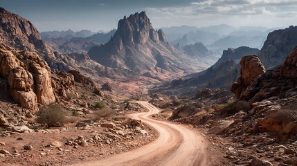 Winding dirt road through rugged desert mountains under a dramatic sky