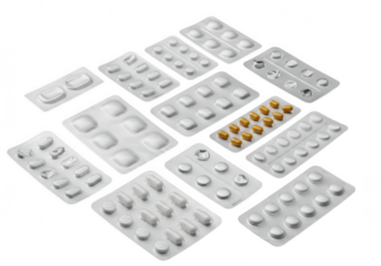 Collection of various blister packs containing pills and capsules isolated on transparent background
