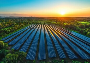 Aerial View of Solar Panel Fields under Sunset in Green Landscape with Trees and Open Sky
