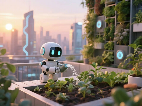 A cute small robot watering plants on a rooftop garden in a futuristic city - Powered by Adobe