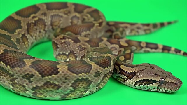 Realistic 3D Tanimbar Python Coiled Isolated on Green Screen for CGI Production
