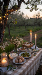 Outdoor Dinner Table with Candles, Bread, and Olives at Sunset in Orchard Setting