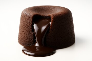 Close-up of molten chocolate lava cake with rich filling flowing out on clean white background in soft light. Ai generative. Ai generative
