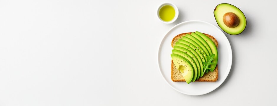 Healthy avocado toast with olive oil on white plate and clean background, perfect for food design mockup or banner with copy space template. Ai generative