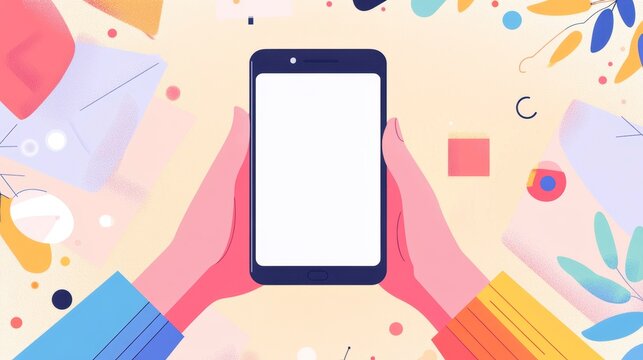 Hands holding a blank smartphone screen surrounded by colorful abstract shapes and objects.