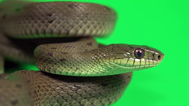 Realistic Green Whip Snake Ahaetulla Nasuta 3D Render Isolated on Green Screen Background