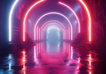 Futuristic Neon Corridor with Reflections and Fog in a Dark Tunnel Setting