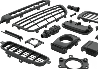 Collection of various dark gray automotive ventilation grilles and plastic components isolated on transparent background