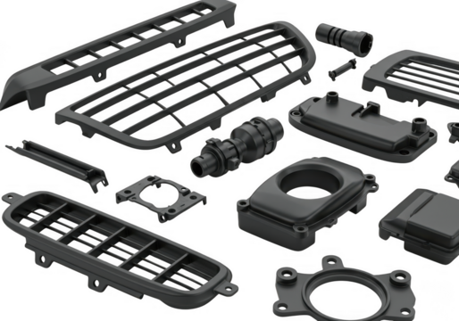 Collection of various dark gray automotive ventilation grilles and plastic components isolated on transparent background