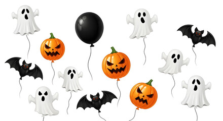 A festive collection of Halloween balloons featuring spooky ghosts, scary pumpkins, and black bats floating on a white background.