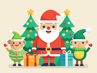 Cartoon Christmas Character Set with Santa and Tree