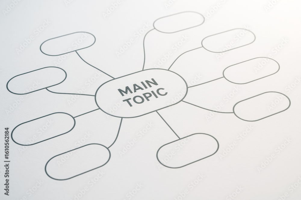 Poster blank mind map diagram with central idea labeled main topic and connected empty nodes on white paper