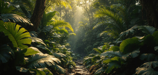 Tropical Jungle with Lush Green Leaves A vibrant and detailed depiction of a dense jungle filled with large monstera and