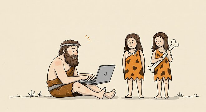 The Surprising Saga of a Caveman Computer Navigating the Digital Age as a Prehistoric Family, a funny cartoon about time and technology  - Powered by Adobe
