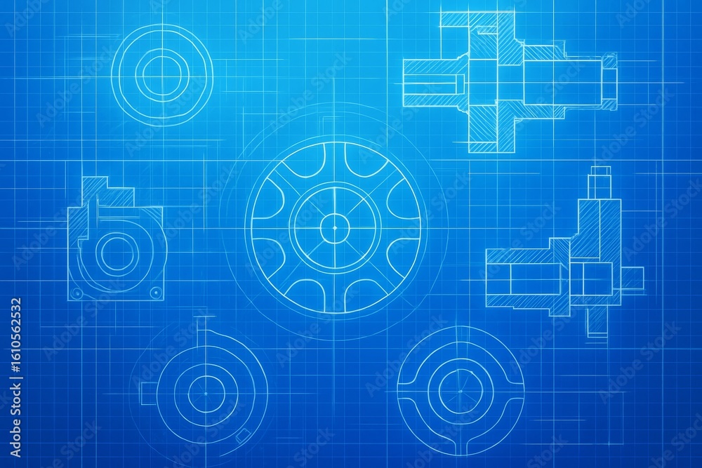 Poster technical blueprint graphics of mechanical parts on blue grid background with glowing light effects 